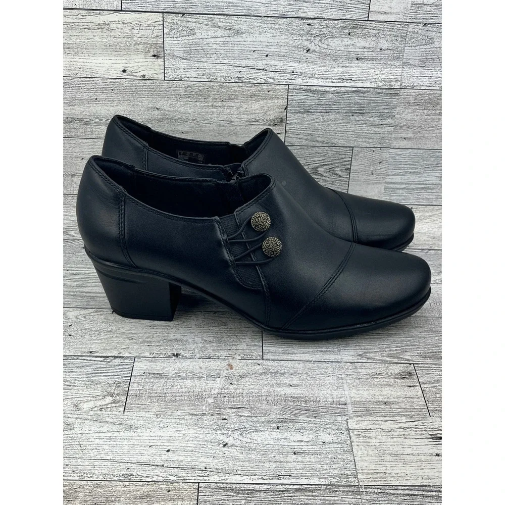 Clarks Collection Black‎ Leather Button Zip Shooties Block Heel Women Sz 9.5M